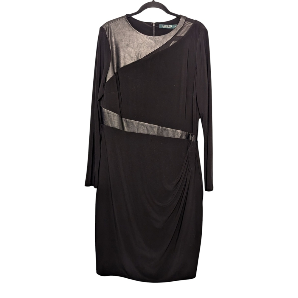 Lauren Ralph Lauren Black Faux Leather Paneled Sheath Dress | 16 | Long Sleeve